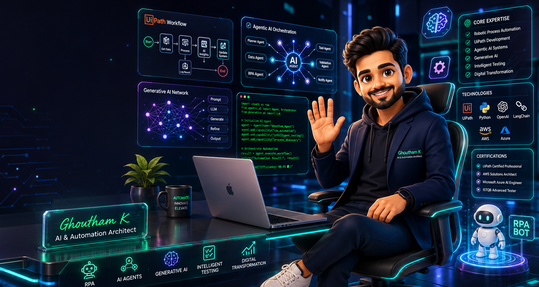 Ghoutham K as an AI automation architect in a futuristic workstation, waving beside a laptop and holographic dashboards